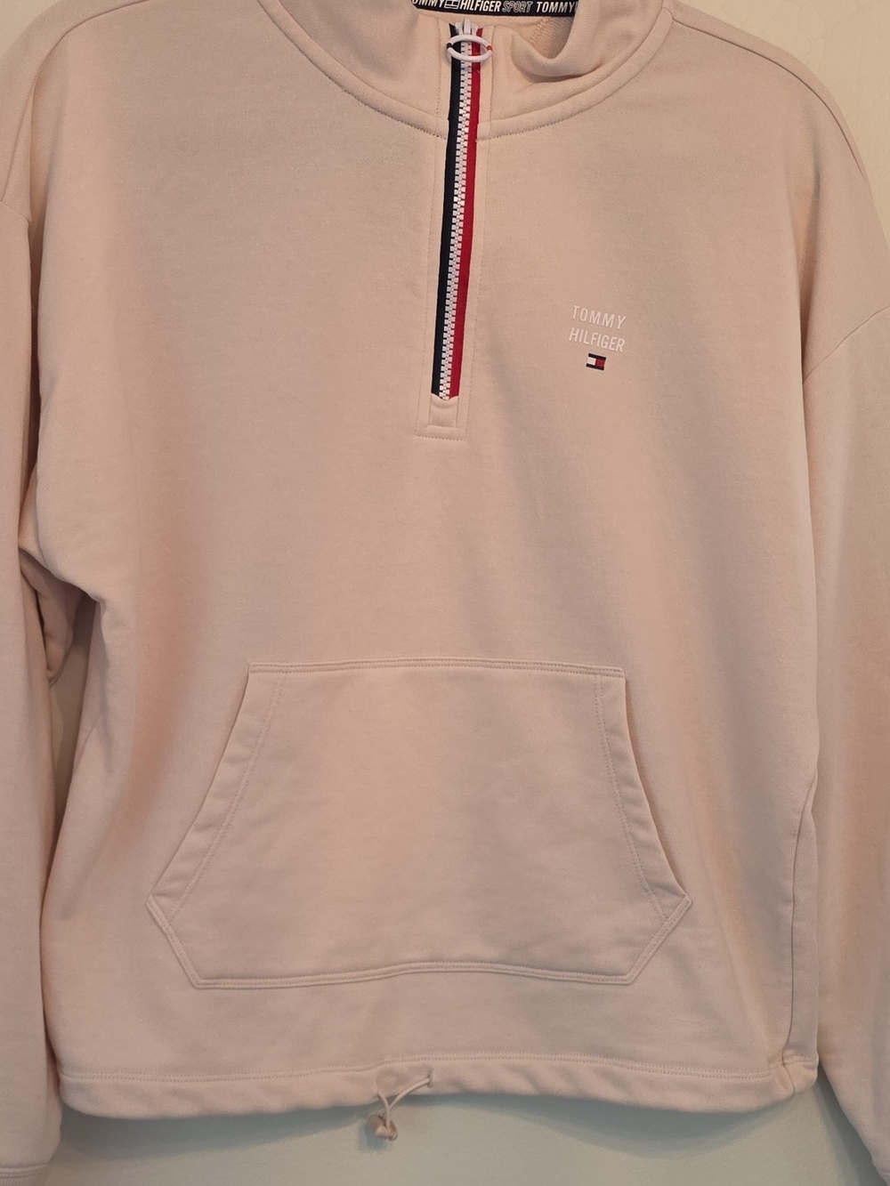 Tommy Hilfiger Cream Hoodie with Red, Navy & White Trim Half Zip